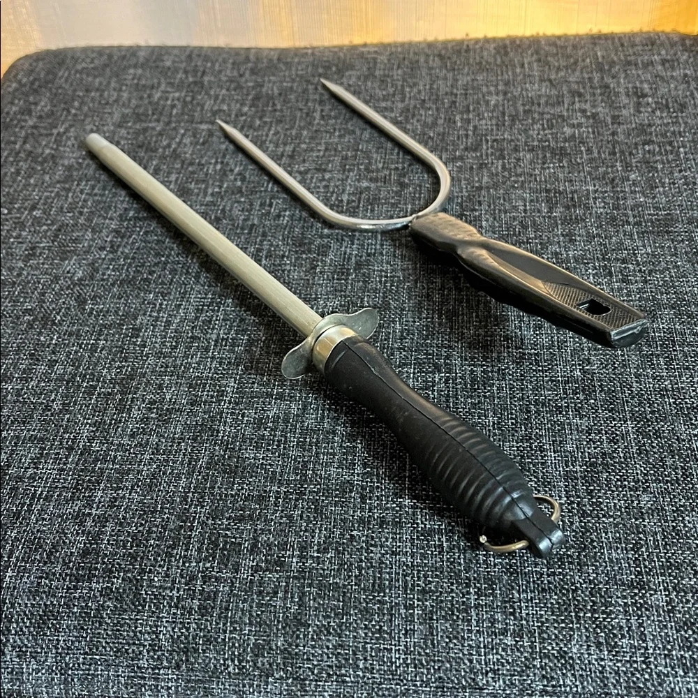 Honing Steel & Carving Fork Set Butcher Chef Kitchen Sharpening Rod Bundle